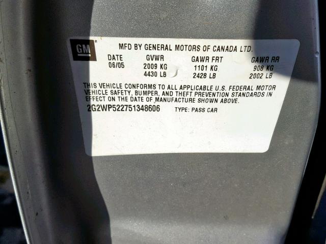 2G2WP522751348606 - 2005 PONTIAC GRAND PRIX ვერცხლისფერი ფოტო 10