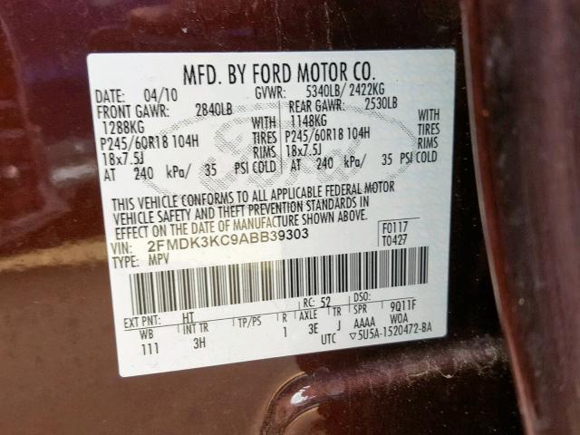 2FMDK3KC9ABB39303 - 2010 FORD EDGE LIMIT BROWN photo 10