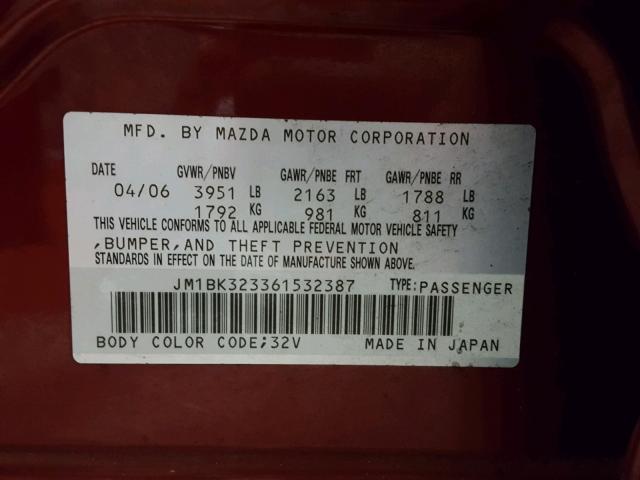 JM1BK323361532387 - 2006 MAZDA 3 S RED photo 10