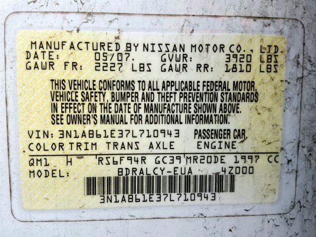 3N1AB61E37L710943 - 2007 NISSAN SENTRA 2.0 WHITE photo 10