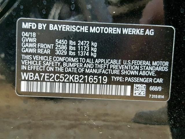 WBA7E2C52KB216519 - 2019 BMW 740 I BLACK photo 10