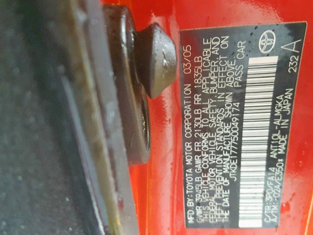 JTKDE177750049174 - 2005 TOYOTA SCION TC 红色 照片 10