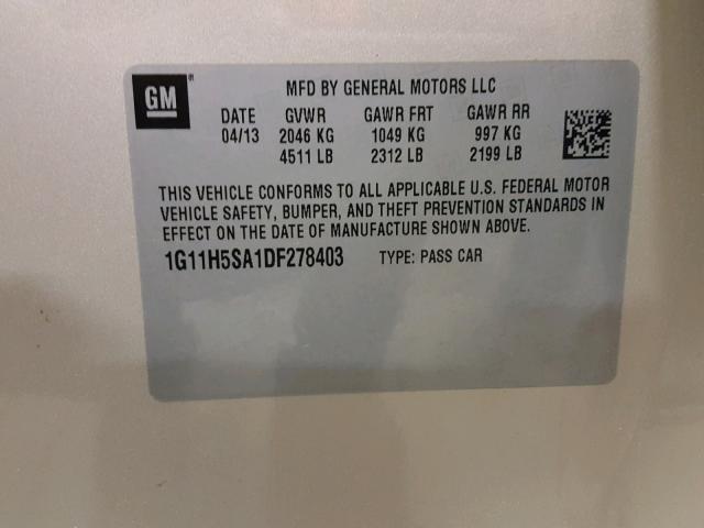 1G11H5SA1DF278403 - 2013 CHEVROLET MALIBU LTZ ბეჟი ფოტო 10