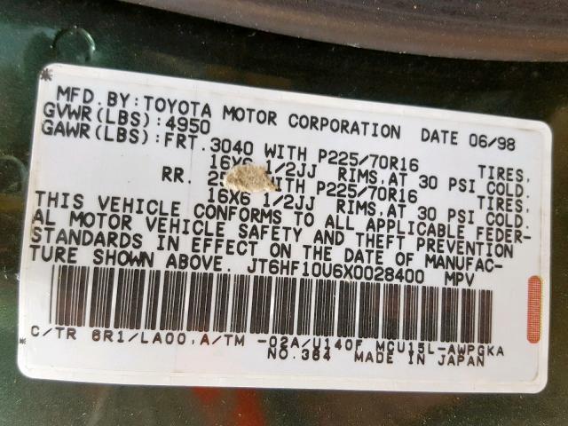 JT6HF10U6X0028400 - 1999 LEXUS RX 300 GREEN photo 10