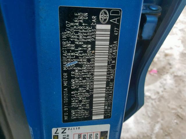 2T1KR32E38C699974 - 2008 TOYOTA COROLLA MA BLUE photo 10