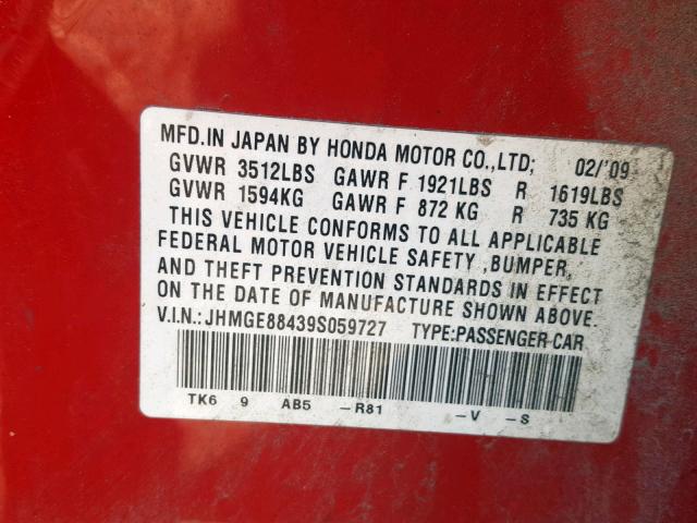 JHMGE88439S059727 - 2009 HONDA FIT SPORT RED photo 10