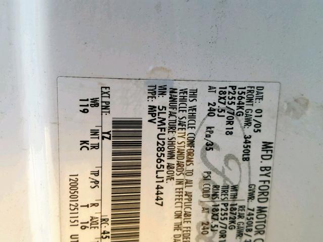 5LMFU28565LJ14447 - 2005 LINCOLN NAVIGATOR Ақ фото 10