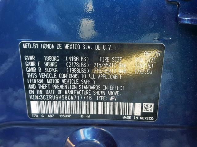 3CZRU6H58GM717746 - 2016 HONDA HR-V EX BLUE photo 10