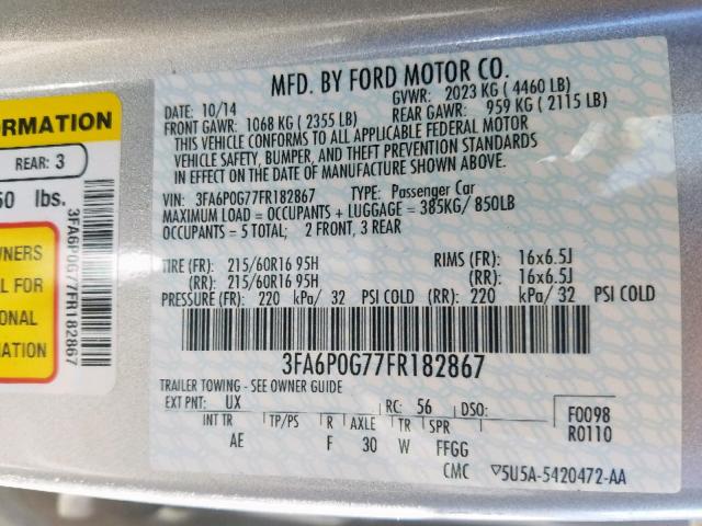 3FA6P0G77FR182867 - 2015 FORD FUSION S SILVER photo 10