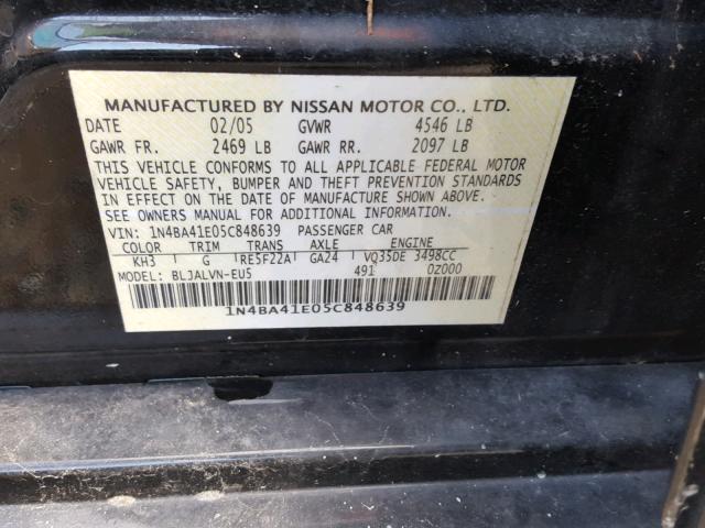 1N4BA41E05C848639 - 2005 NISSAN MAXIMA SE BLACK photo 10