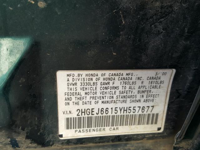 2HGEJ6615YH557677 - 2000 HONDA CIVIC BASE Yaşıl foto 10