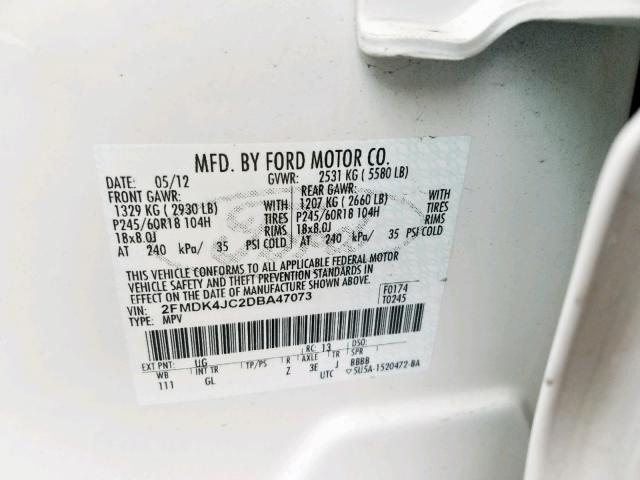 2FMDK4JC2DBA47073 - 2013 FORD EDGE SEL WHITE photo 10