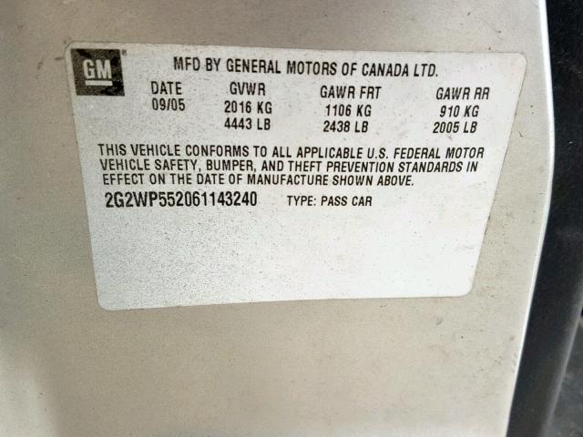 2G2WP552061143240 - 2006 PONTIAC GRAND PRIX SILVER photo 10