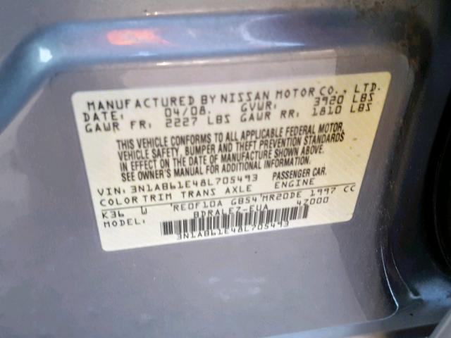 3N1AB61E48L705493 - 2008 NISSAN SENTRA 2.0 GRAY photo 10