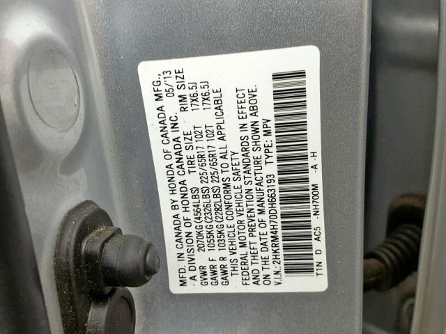 2HKRM4H70DH663193 - 2013 HONDA CR-V EXL SILVER photo 10