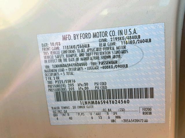 1LNHM86S94Y624560 - 2004 LINCOLN LS WHITE photo 10