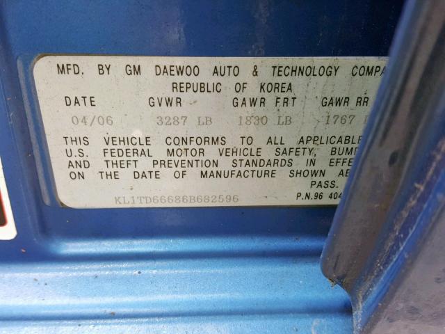 KL1TD66686B682596 - 2006 CHEVROLET AVEO BASE Көк фото 10