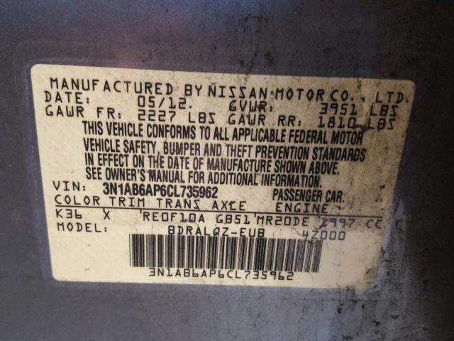 3N1AB6AP6CL735962 - 2012 NISSAN SENTRA 2.0 SILVER photo 10