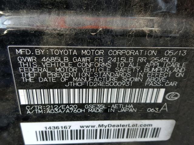 JTHCF1D24E5000931 - 2014 LEXUS IS 250 BLACK photo 10