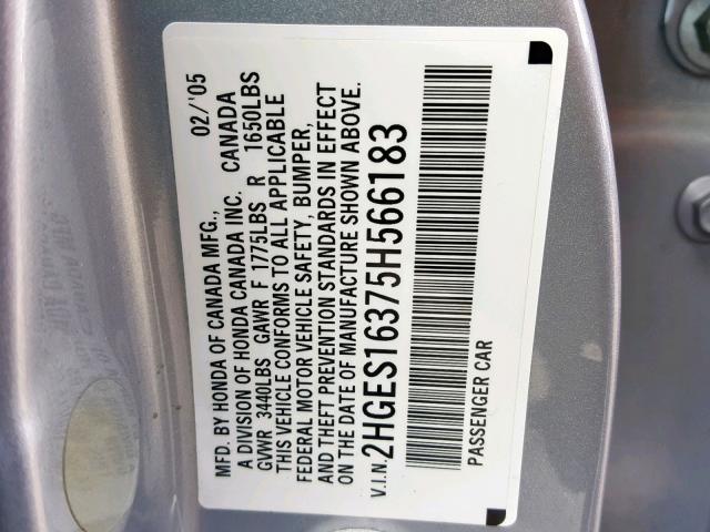 2HGES16375H566183 - 2005 HONDA CIVIC DX V SILVER photo 10