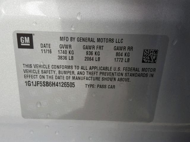 1G1JF5SB6H4126505 - 2017 CHEVROLET SONIC PREM SILVER photo 10