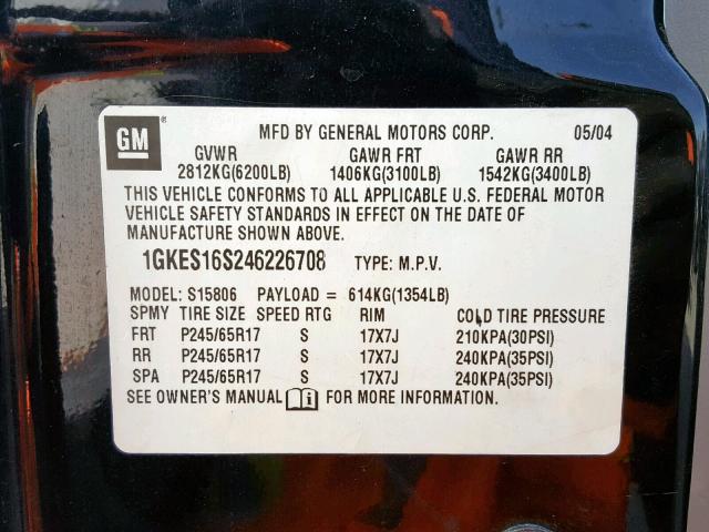 1GKES16S246226708 - 2004 GMC ENVOY XL BLACK photo 10