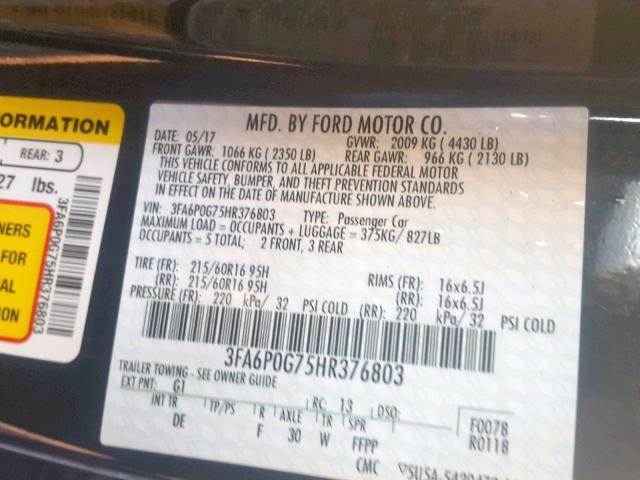 3FA6P0G75HR376803 - 2017 FORD FUSION S BLACK photo 10