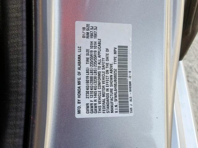 5FNRL6H98JB080252 - 2018 HONDA ODYSSEY EL SILVER photo 10