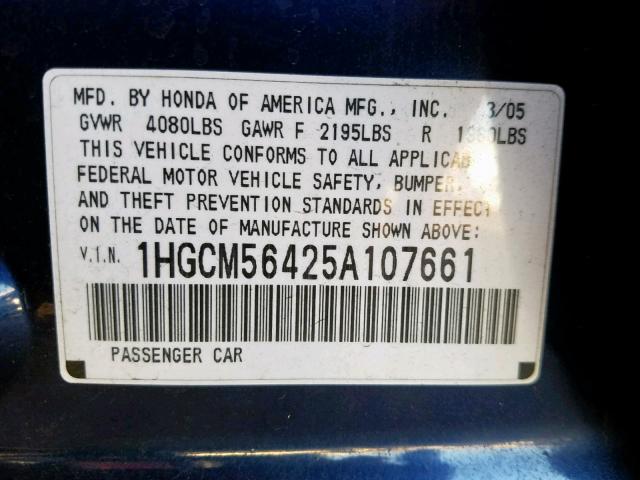 1HGCM56425A107661 - 2005 HONDA ACCORD LX BLUE photo 10