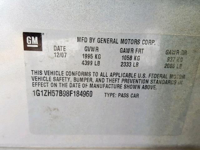1G1ZH57B98F184960 - 2008 CHEVROLET MALIBU 1LT SILVER photo 10