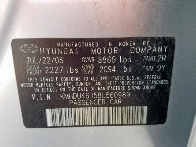 KMHDU46D58U560989 - 2008 HYUNDAI ELANTRA GL SILVER photo 10