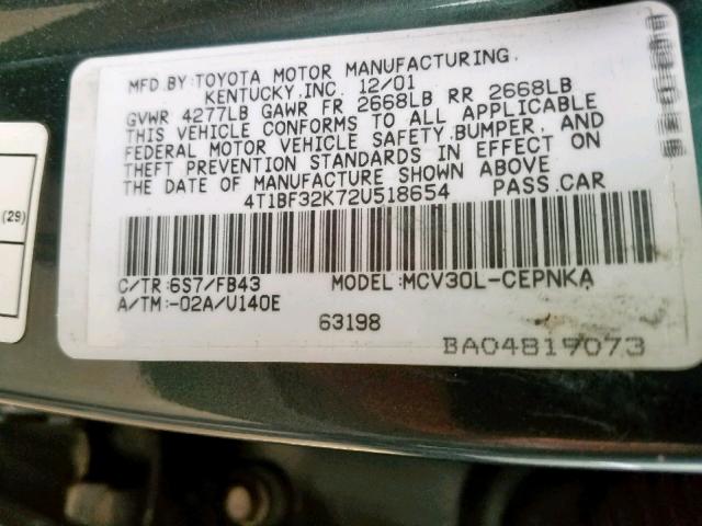 4T1BF32K72U518654 - 2002 TOYOTA CAMRY LE GREEN photo 10