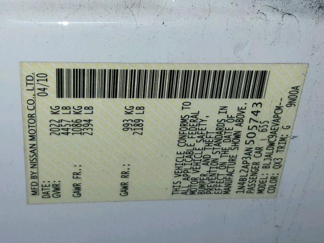 1N4BL2AP3AN505743 - 2010 NISSAN ALTIMA SR WHITE photo 10