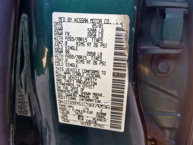 5N1ED28Y61C587056 - 2001 NISSAN XTERRA XE GREEN photo 10