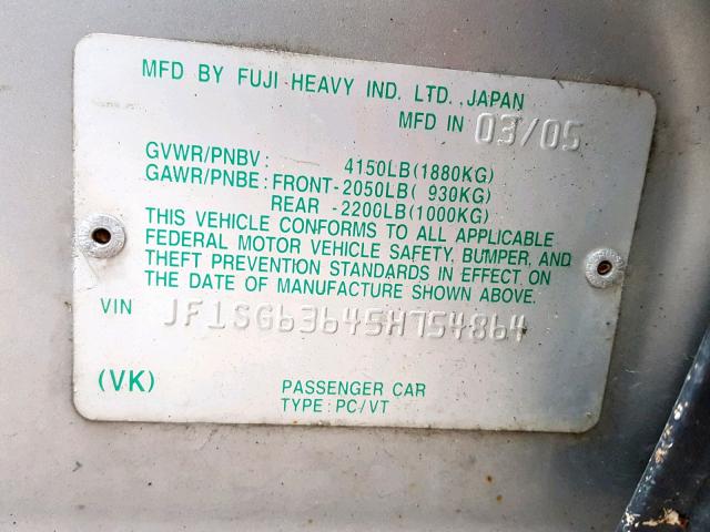 JF1SG63645H754864 - 2005 SUBARU FORESTER SILVER photo 10