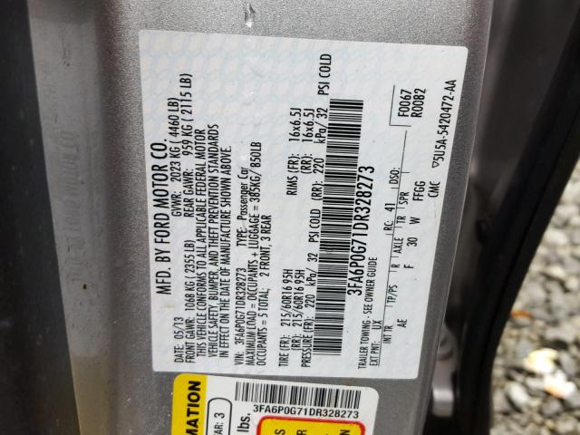 3FA6P0G71DR328273 - 2013 FORD FUSION S SILVER photo 10