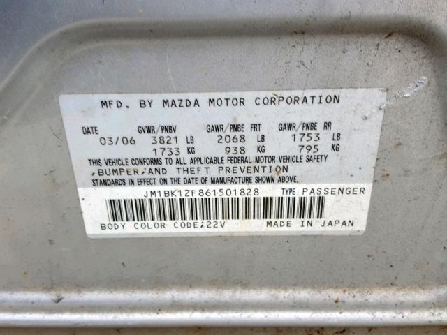 JM1BK12F861501828 - 2006 MAZDA 3 I SILVER photo 10