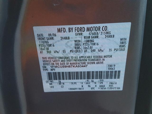 1FMCU59H87KA93447 - 2007 FORD ESCAPE HEV BLUE photo 10