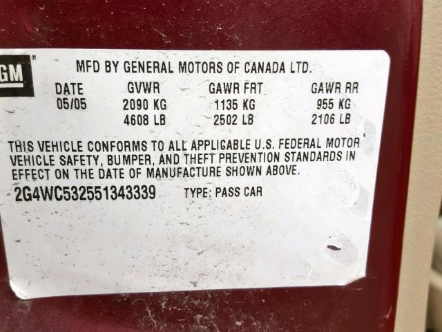 2G4WC532551343339 - 2005 BUICK LACROSSE C MAROON photo 10