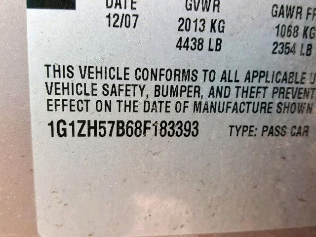 1G1ZH57B68F183393 - 2008 CHEVROLET MALIBU 1LT GOLD photo 10