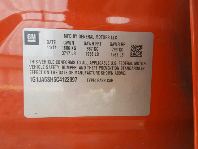 1G1JA5SH6C4122997 - 2012 CHEVROLET SONIC LS 橙色 照片 10