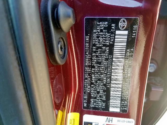 4T1BK1EB2HU255512 - 2017 TOYOTA AVALON XLE MAROON photo 10