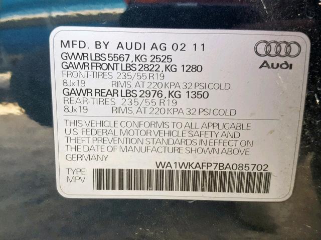 WA1WKAFP7BA085702 - 2011 AUDI Q5 PRESTIG BLUE photo 10