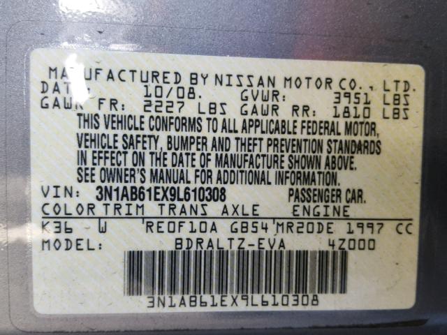 3N1AB61EX9L610308 - 2009 NISSAN SENTRA 2.0 SILVER photo 10