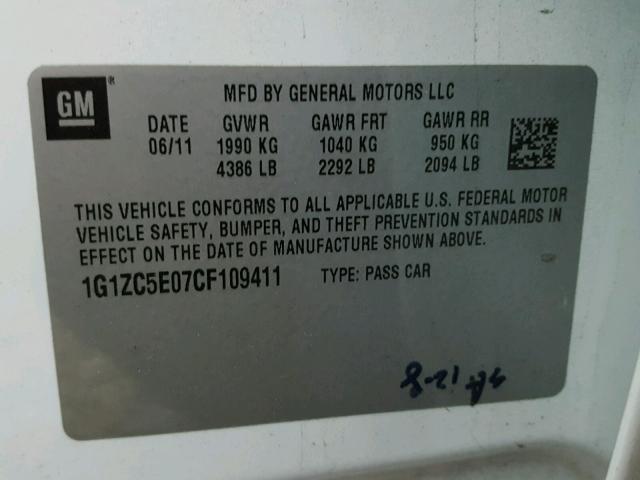 1G1ZC5E07CF109411 - 2012 CHEVROLET MALIBU 1LT WHITE photo 10