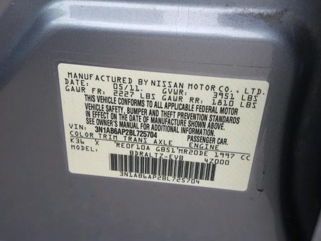 3N1AB6AP2BL725704 - 2011 NISSAN SENTRA 2.0 GRAY photo 10