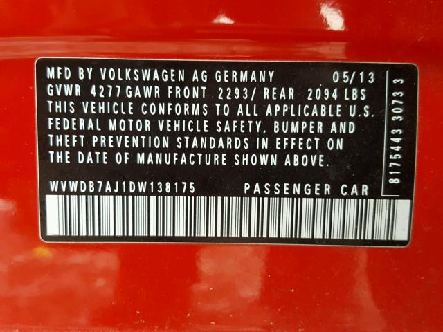 WVWDB7AJ1DW138175 - 2013 VOLKSWAGEN GOLF RED photo 10