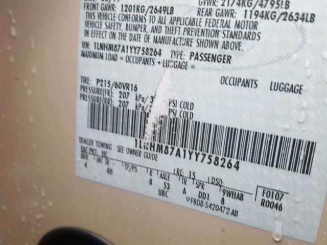 1LNHM87A1YY758264 - 2000 LINCOLN LS TAN photo 10