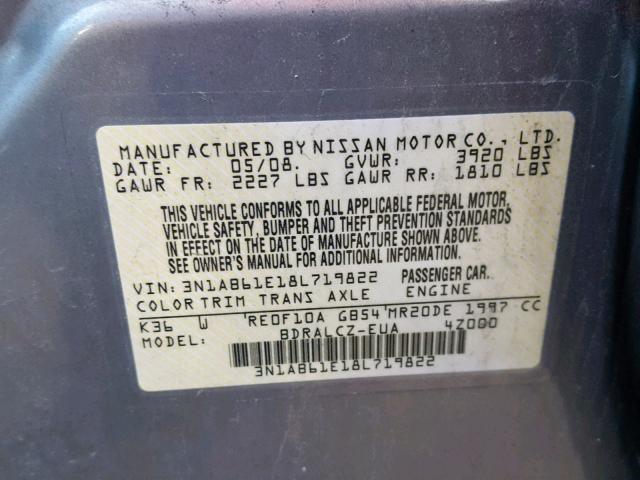 3N1AB61E18L719822 - 2008 NISSAN SENTRA 2.0 GRAY photo 10