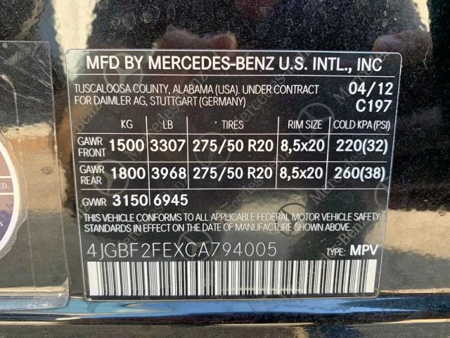 4JGBF2FEXCA794005 - 2012 MERCEDES-BENZ GL 350 BLU BLACK photo 10